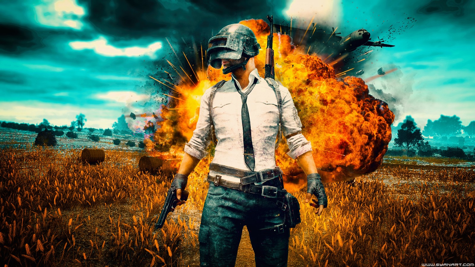 Jugador de pub en un campo con un arma y una bola de fuego (playerunknowns battlegrounds, videojuego, explosión)