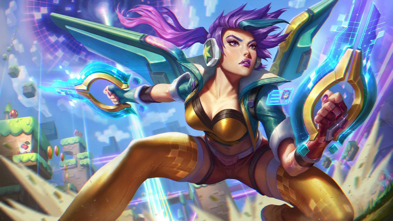 A woman in a gold outfit holding a sword and a sword (arcade, kaisa, league of legends, lol, video game)