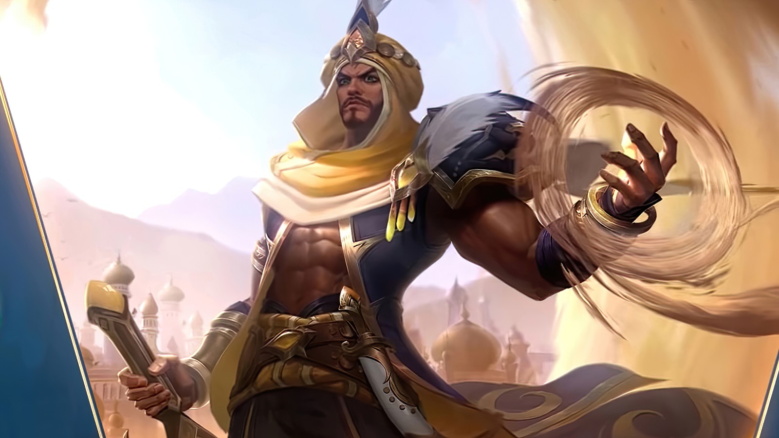 Un primer plano de un hombre en un disfraz sosteniendo una espada (khaleed, prince of sand, mobile legends, bang bang, mlbb)