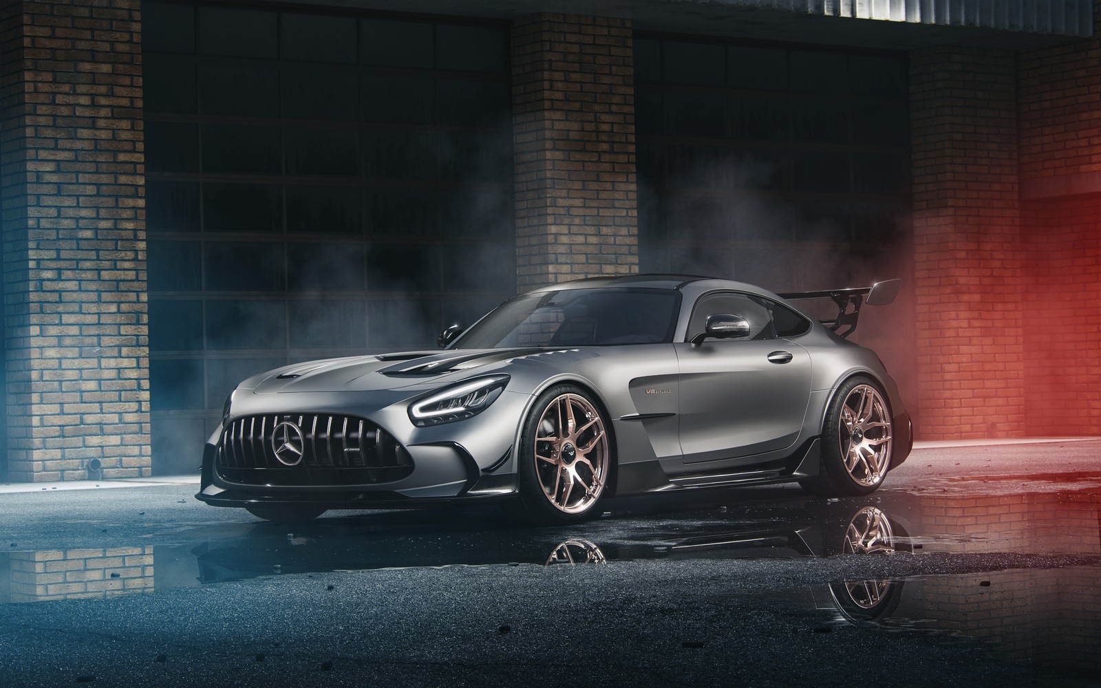 Das mercedes gts coupé wird in einem dunklen foto gezeigt (mercedes amg gt black series, cgi, autos, 4k hintergrund)