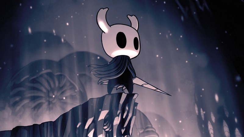 Крупный план мультяшного персонажа, стоящего на скале (пустошь, hollow knight, видеоигра)