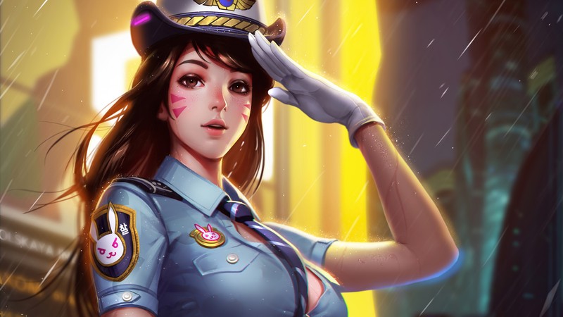 Женщина в полицейской форме держит свою шляпу (dva, overwatch, видеоигра, офицер, девочки)