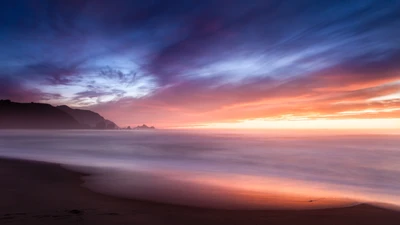 beach, horizon, sunset, cloudy sky, long exposure