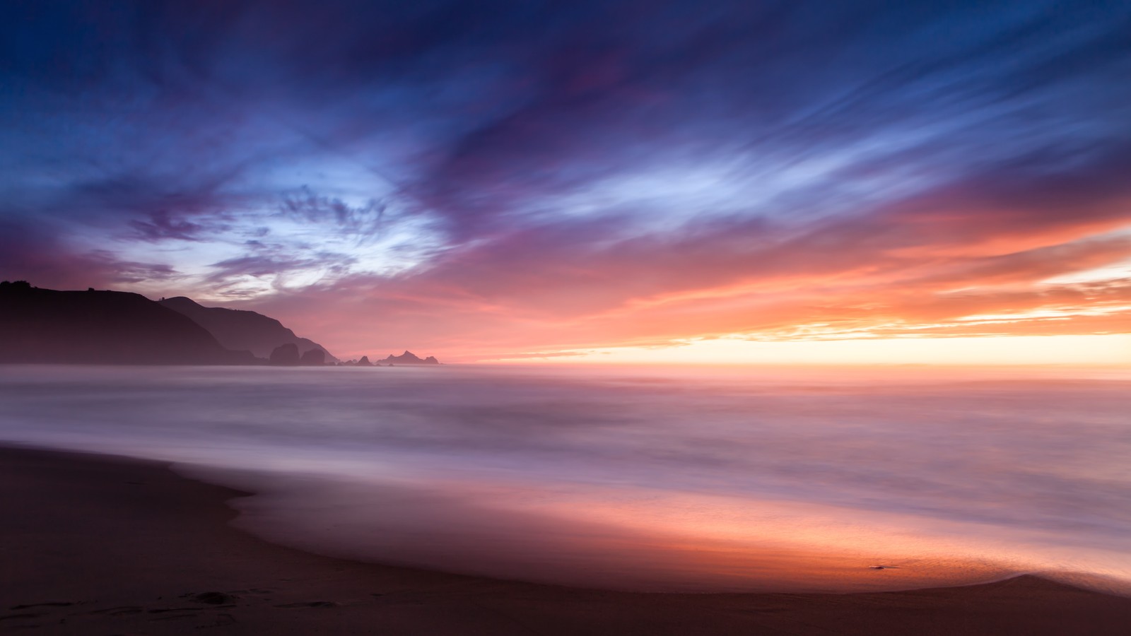 beach, horizon, sunset, cloudy sky, long exposure wallpaper