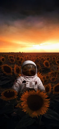 Ein Astronaut zwischen Sonnenblumen unter einem Sonnenuntergangshimmel