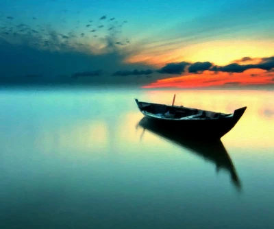 Bote solitario al atardecer sobre aguas tranquilas