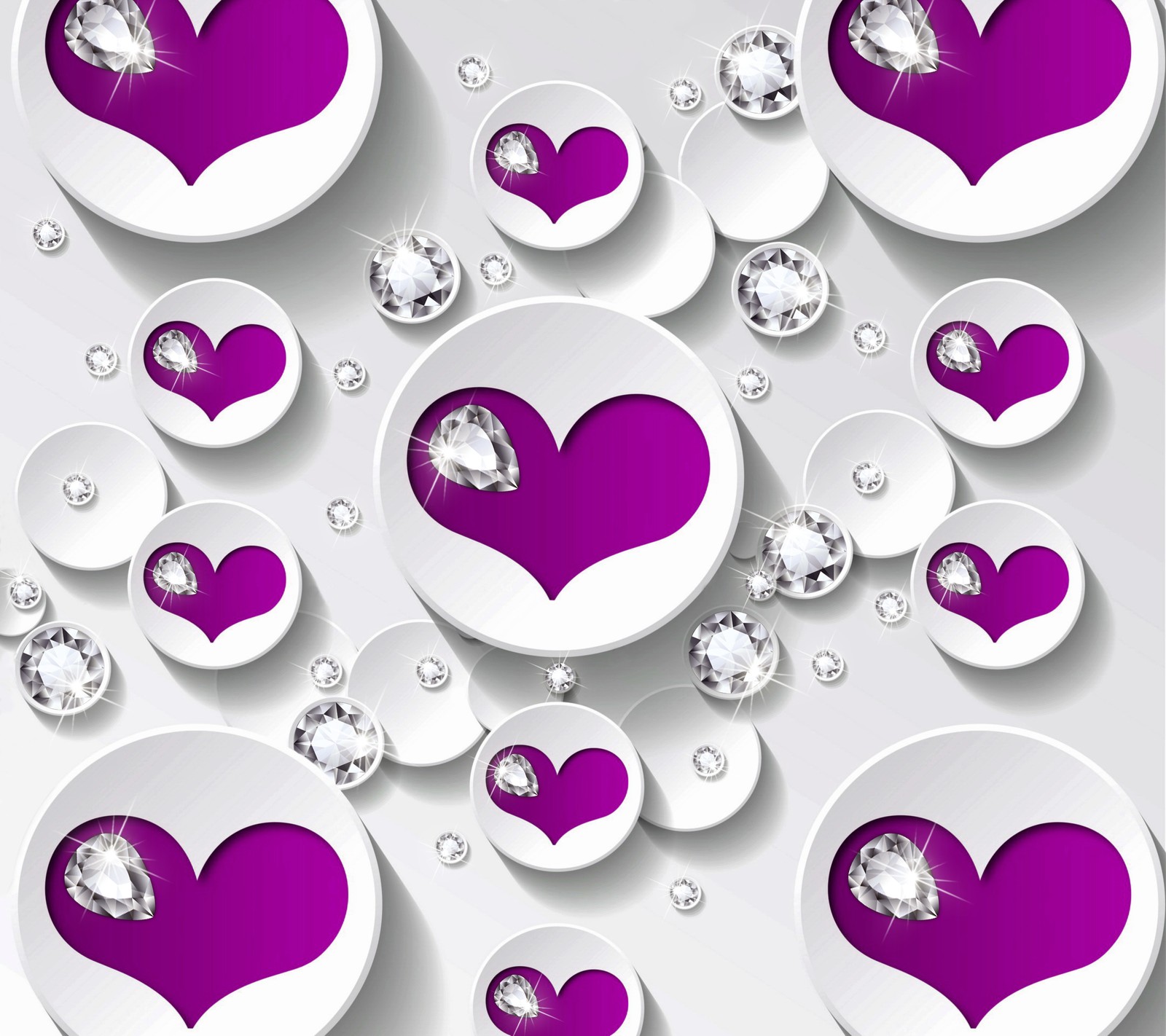 A group of purple hearts with diamonds on a white background (design, diamonds, heart, love, purple)