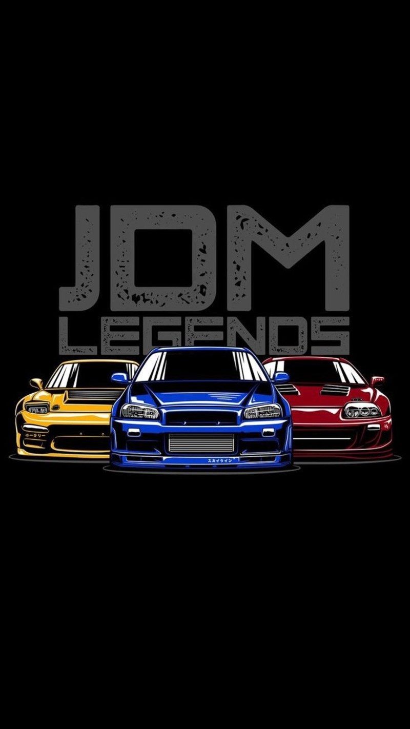 Крупный план трех машин с надписью jdm legend на них (машина, машины, дрифт, gtr, jdm)