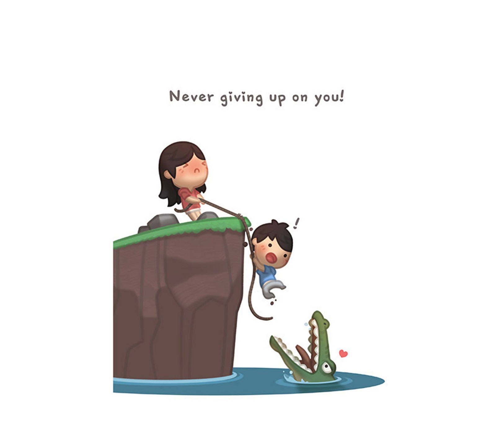 A cartoon of a woman and a man standing on a cliff (give, never, up)