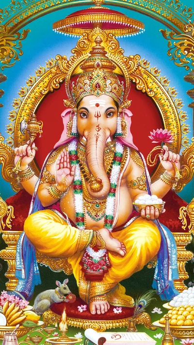 Vibrant depiction of Lord Ganesh, the remover of obstacles, adorned with ornate jewelry and seated on a throne, embodying Hindu religious significance.