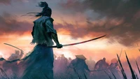 Epic Samurai Warrior in a Fantasy Battlefield at Dusk