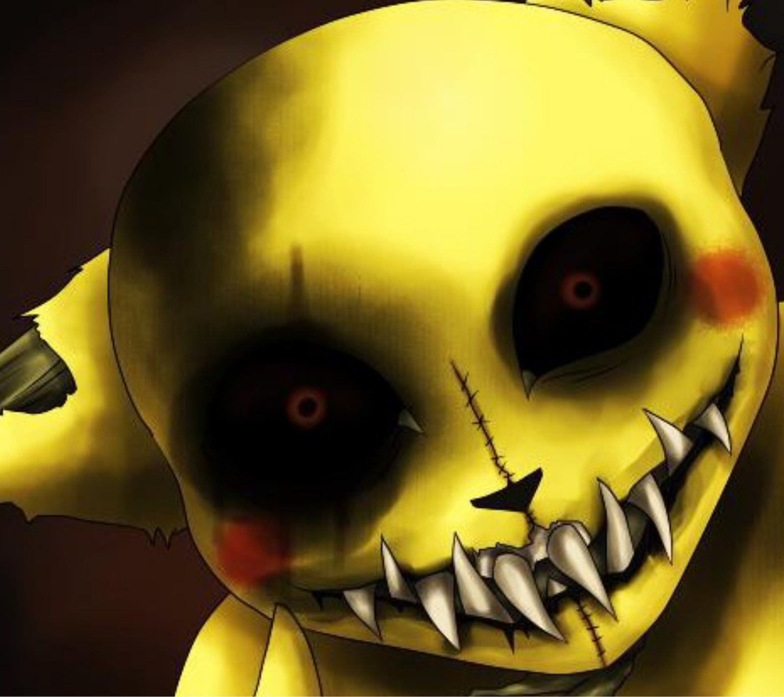 A close up of a yellow pokemon character with sharp teeth (pikatchu, zombie)