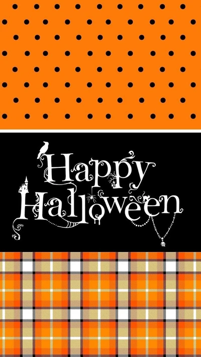 Happy Halloween with festive patterns in orange, black, and plaid.