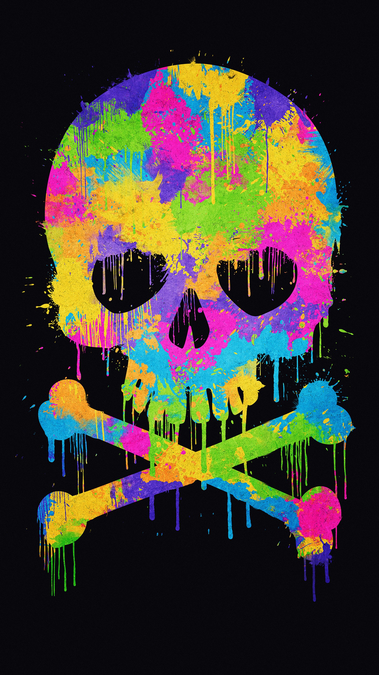 A close up of a colorful skull and crossbone on a black background (bones, colorful, colors, cool, paint)