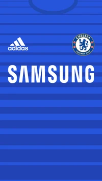 Camisa azul de casa do Chelsea FC com marcas Adidas e Samsung