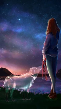 Whispers of a Starry Night: A Girl and Her Ethereal Dog by the Lake