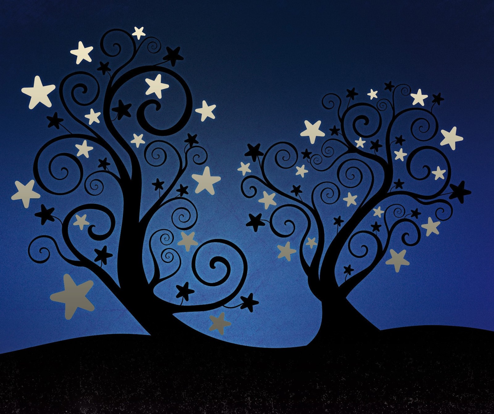 Il y a un arbre avec des étoiles et une lune dans le ciel (noir, bleu, étoiles, arbre)