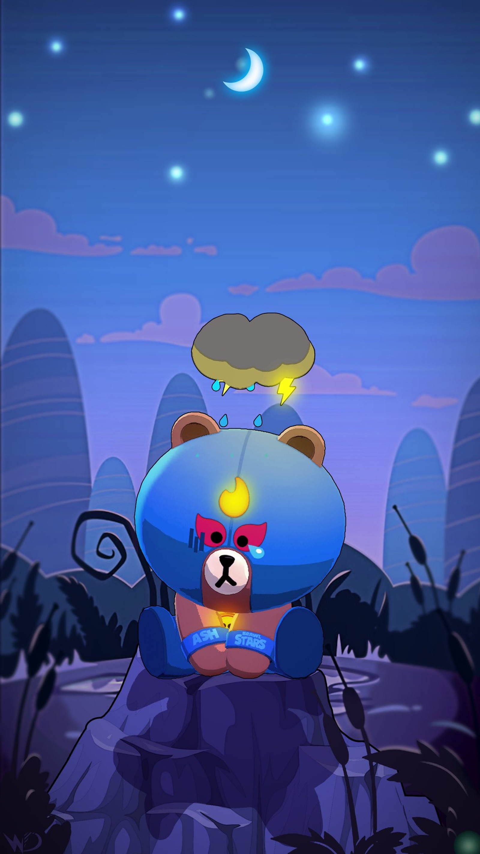 Un ours en cartoon avec un chapeau assis sur une pierre au milieu d'un champ (brawl stara, jeux)