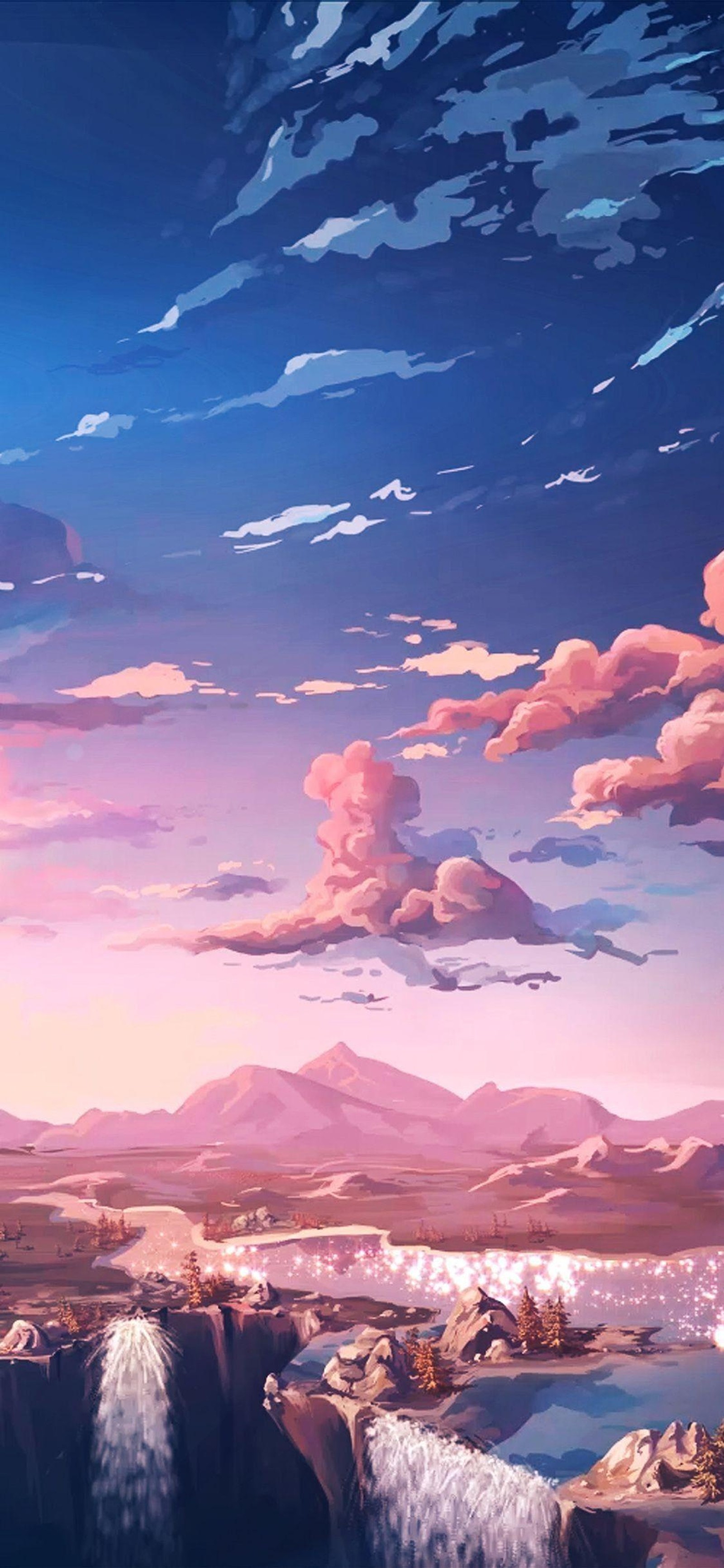 Paisaje de anime con una montaña y un cuerpo de agua (estética, nubes, rosa)