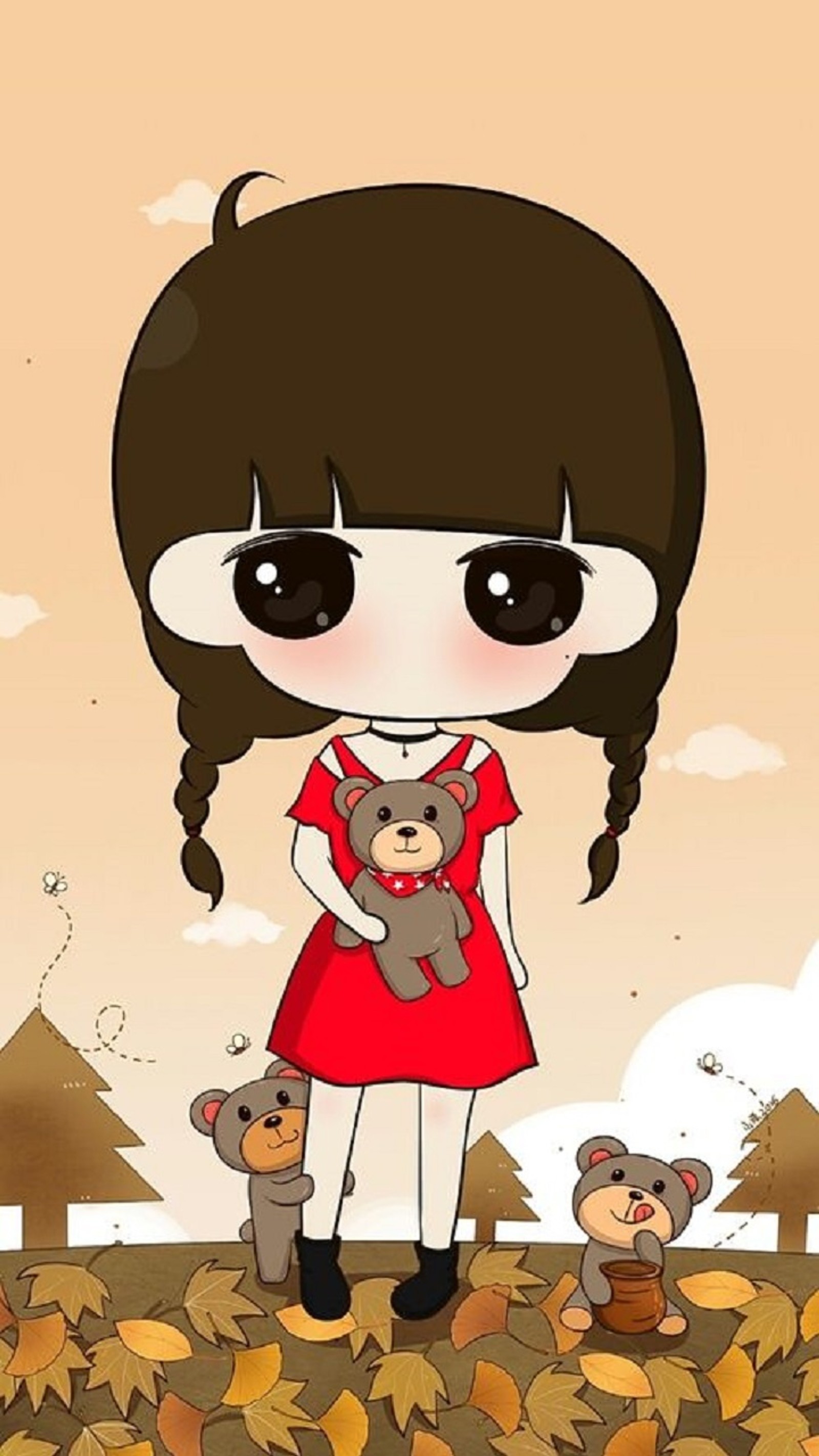 Cartoon girl with a teddy bear and a teddy bear in a field (cute, girl)