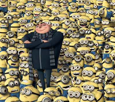 Gru umgeben von fröhlichen Minions aus Ich - Einfach unverbesserlich 2