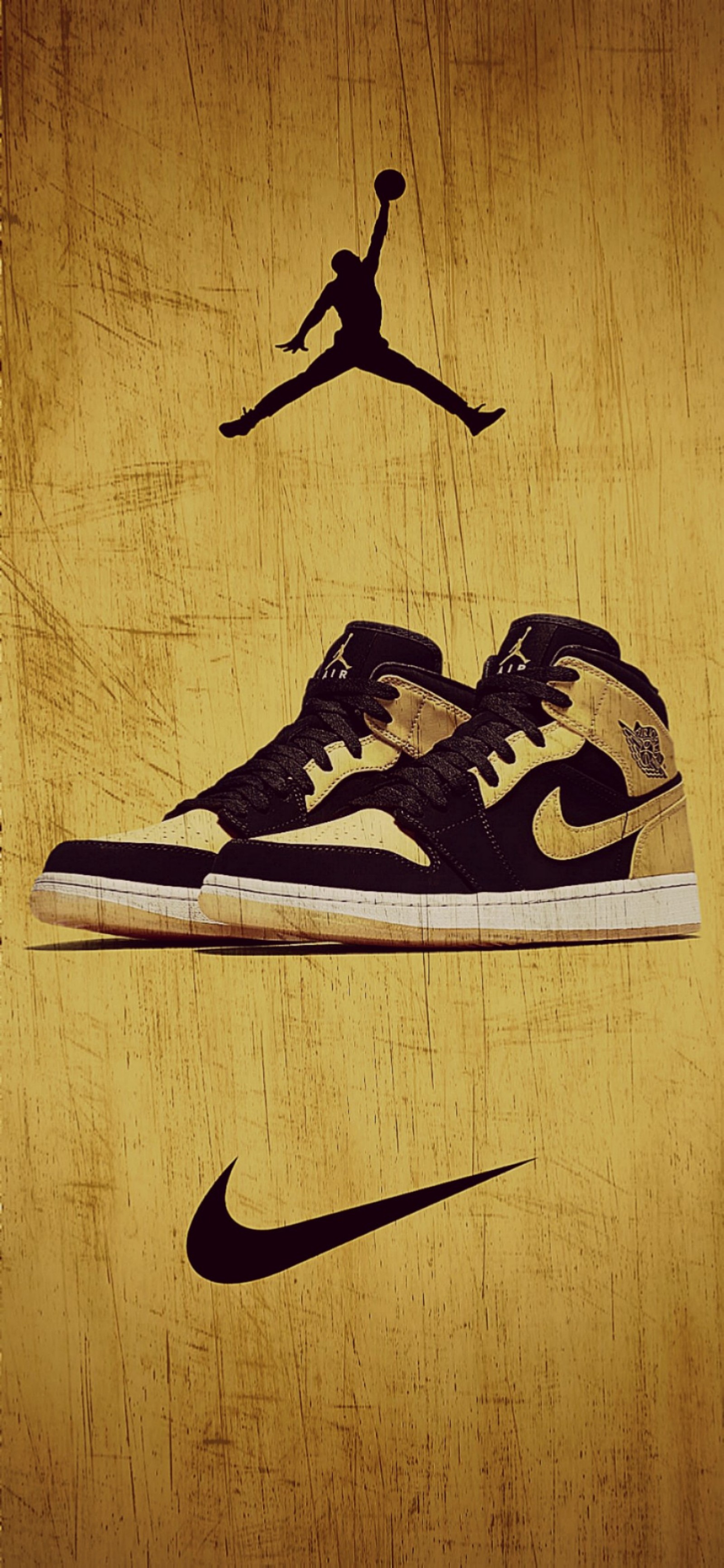 Nike air jordans em um fundo amarelo com a silhueta de uma pessoa pulando (ar, air jordan 1, preto, jordan, jordan 1)