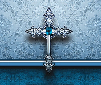 Croix gothique ornée sur fond bleu texturé