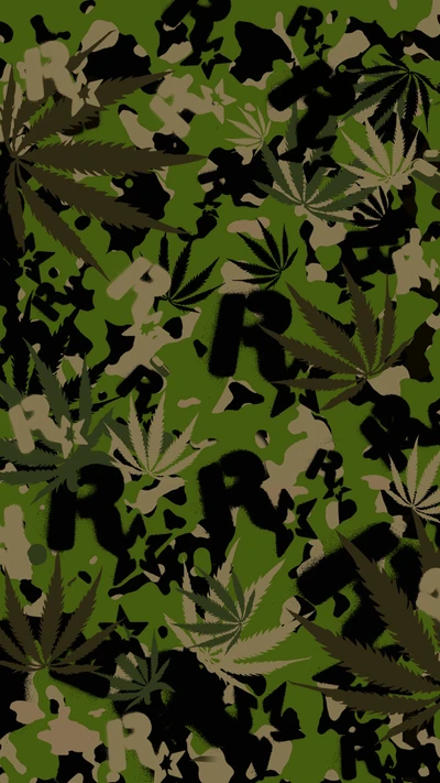 Camo Pattern with Cannabis Leaves and Rockstar Games Logo