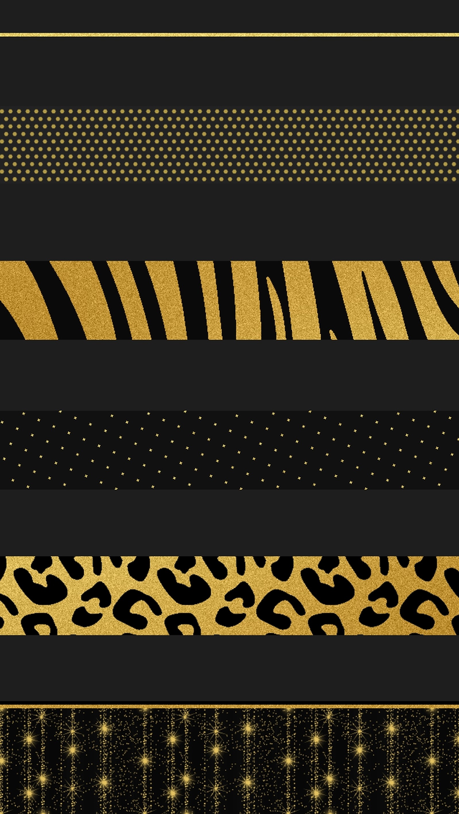 A close up of a zebra print and gold foil on a black background (stripes, wild)