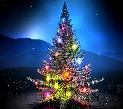 Bunte Weihnachtsbaum beleuchtet in einer ruhigen Winterlandschaft