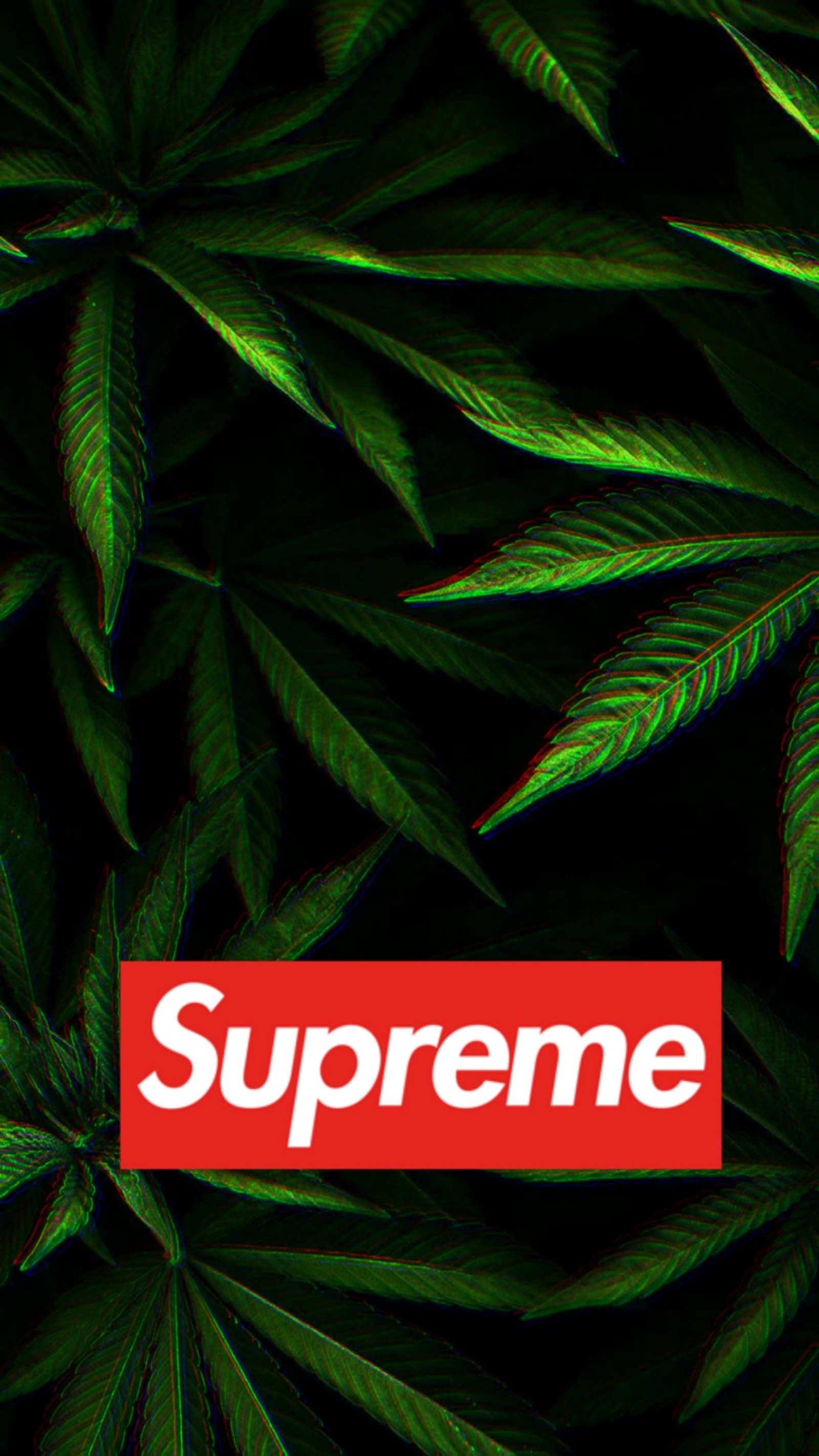 Logo supreme em um fundo verde com folhas (cannabis, relaxar, doido, maconha, natural)