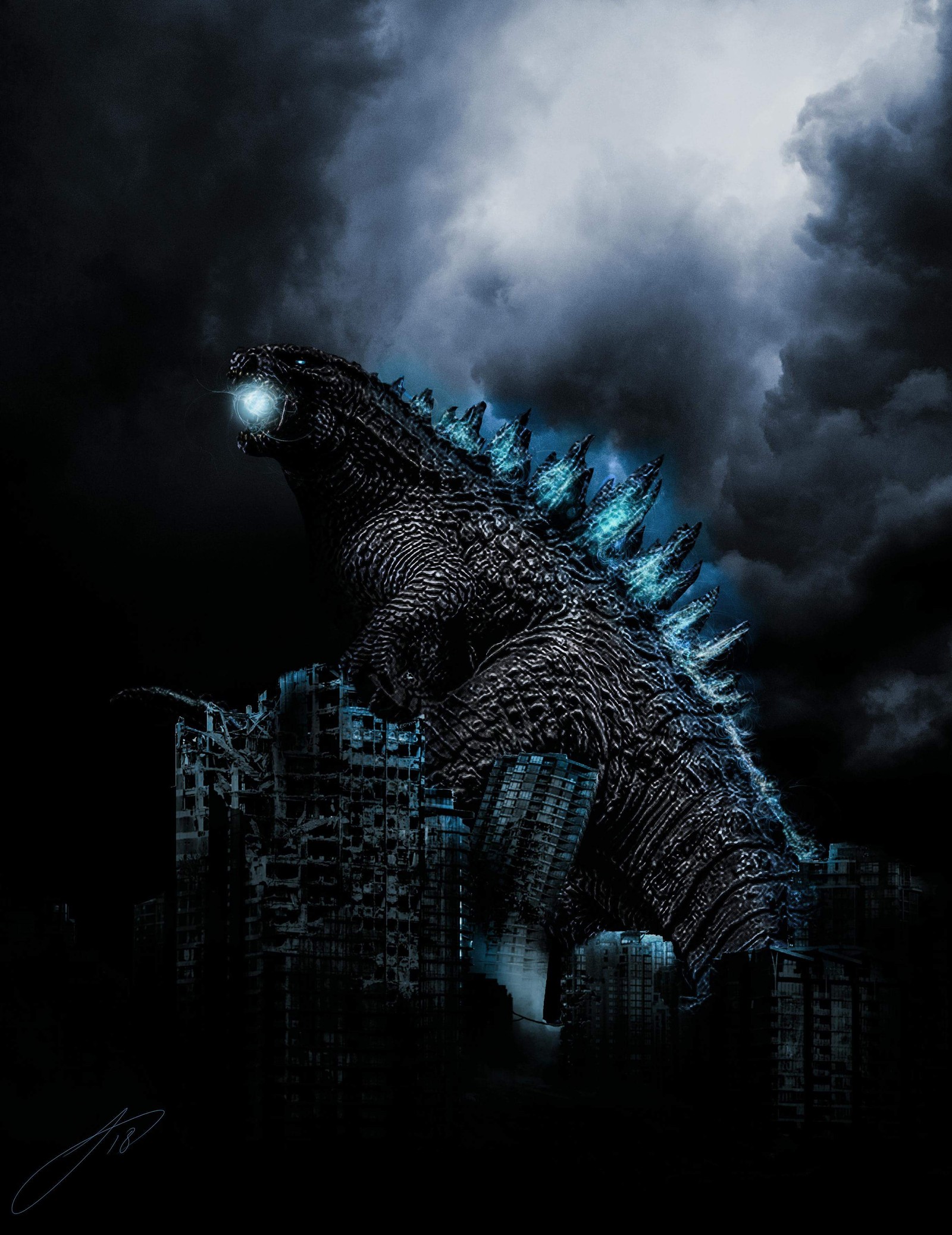 Godzilla se levantant de la ville la nuit avec une pleine lune en arrière-plan (atomic breath, monstre)