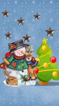 Festive Snowman and Reindeer by a Christmas Tree Under Starry Sky