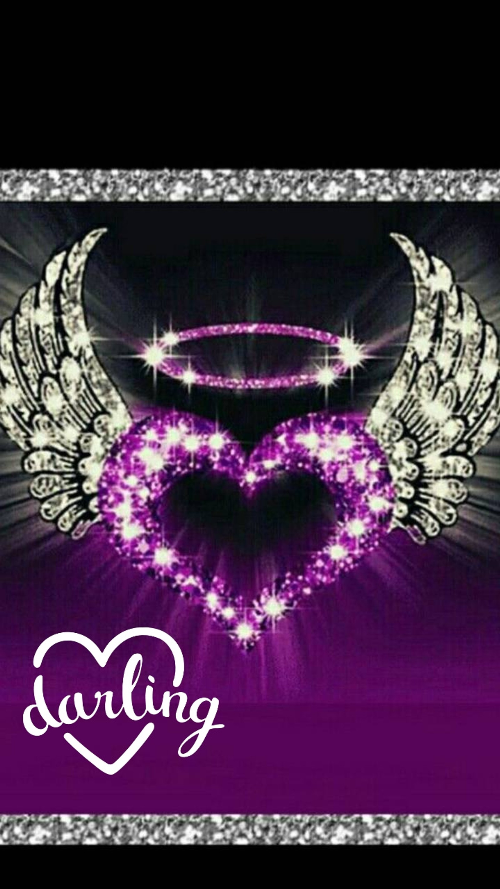 A purple heart with wings and a halo on it (love, heart)