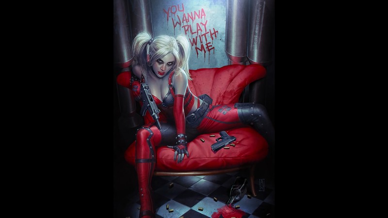 Харли и харли в кресле с табличкой, на которой написано, (harley quinn, комиксы, dc comics)