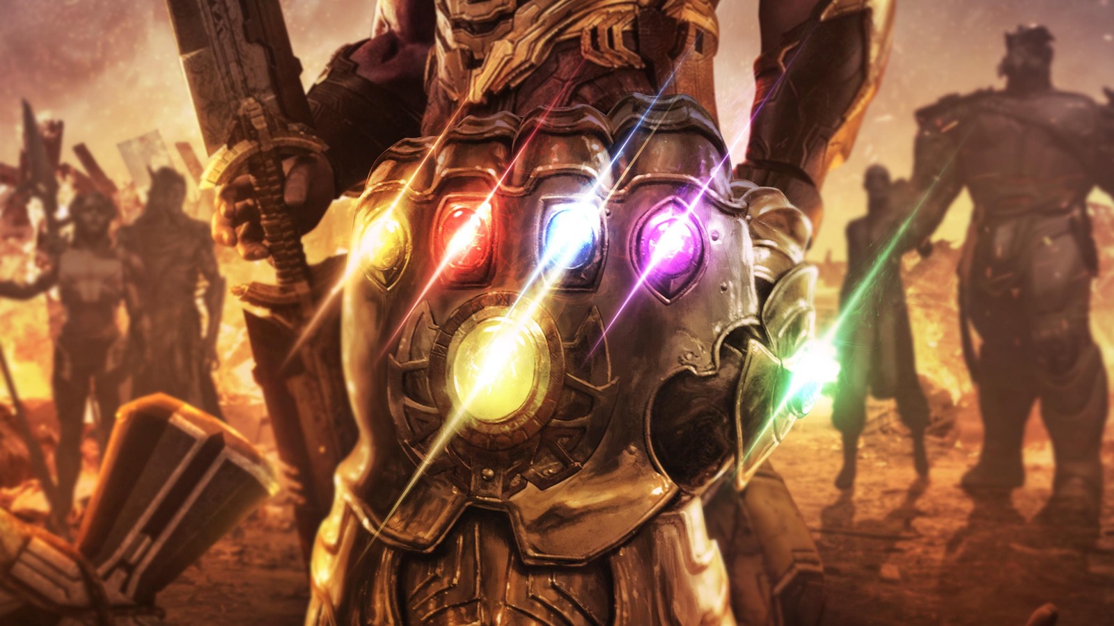 Un gros plan d'une personne tenant une arme dans un champ (thanos, univers cinématographique marvel, marvel cinematic universe, super héros, pc game)