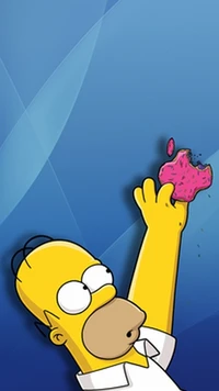 Homer Simpson joyfully reaching for a pink donut against a vibrant blue background.