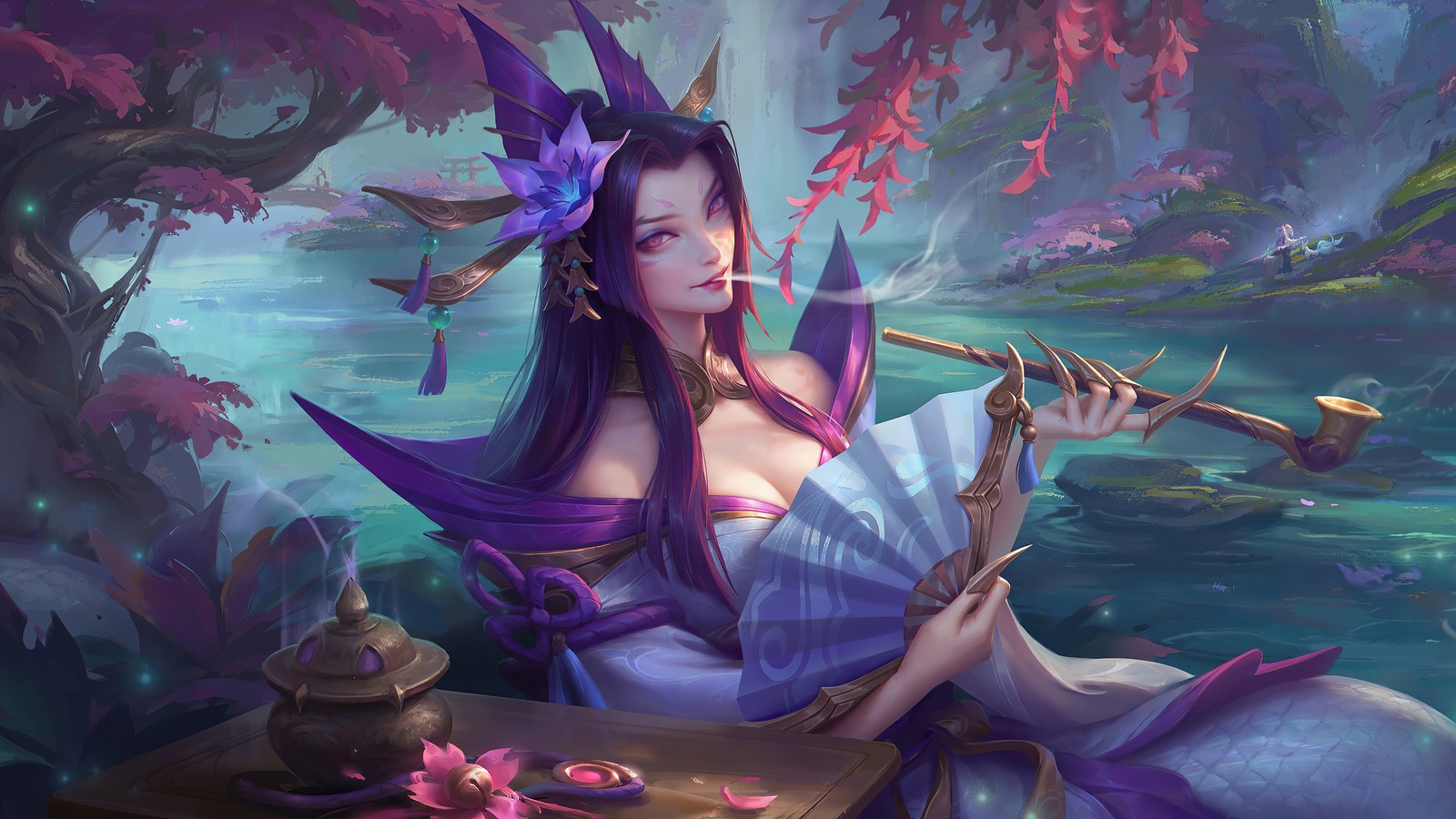 Uma mulher em um vestido roxo sentada em uma mesa com uma flauta (cassiopeia, flor espiritual, lol, league of legends, jogo de vídeo)