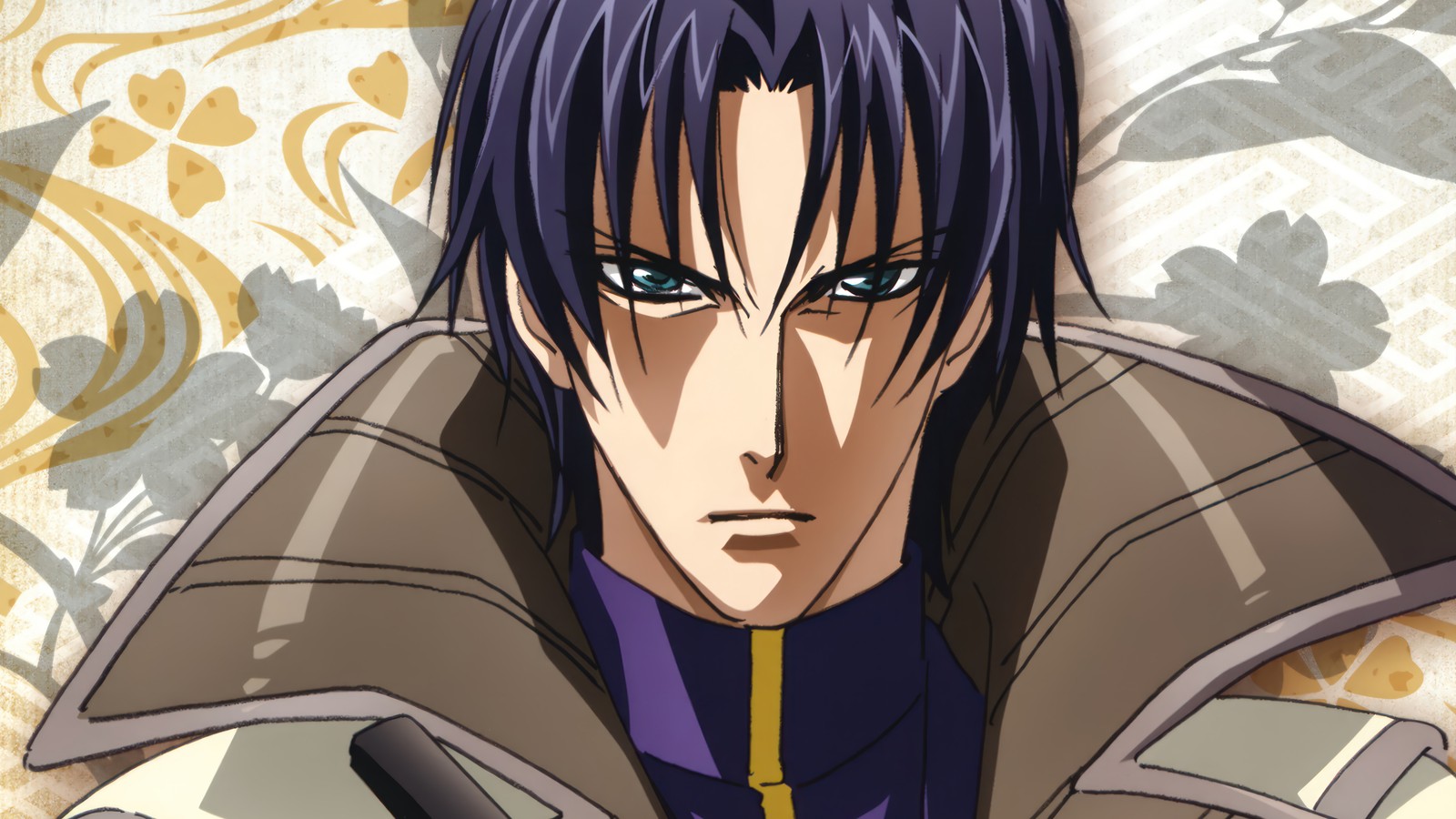 Un hombre con cabello morado y una chaqueta marrón sosteniendo una pistola (rurouni kenshin, meiji kenkaku romantan, anime, samurai x, aoshi shinomori)