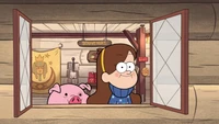 Mabel Pines y Waddles en la tienda de souvenirs en Gravity Falls