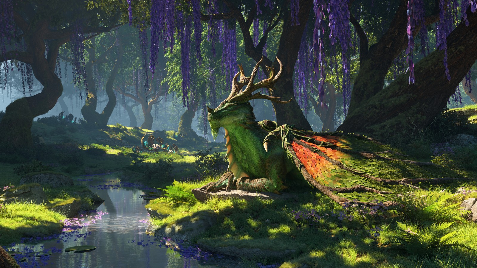 A green dragon sitting on a rock in a forest (world of warcraft, video game, world of warcraft dragonflight, wow, green)