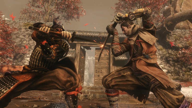 Два самурая в доспехах сражаются на экране (sekiro shadows die twice, видеоигра, самурай)