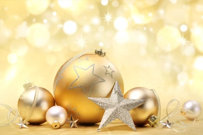 Golden Christmas Ornaments with Star Accents on a Sparkling Background