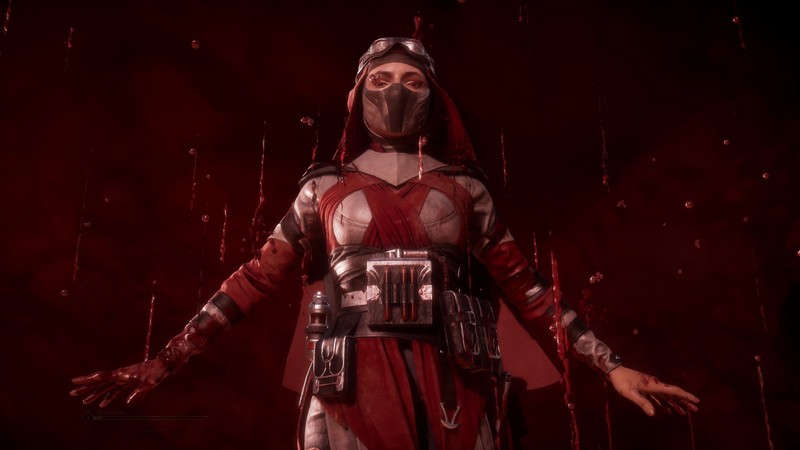 Женщина в красном костюме, стоящая на красном фоне (скарлет, skarlet, mortal kombat 11, видеоигра)