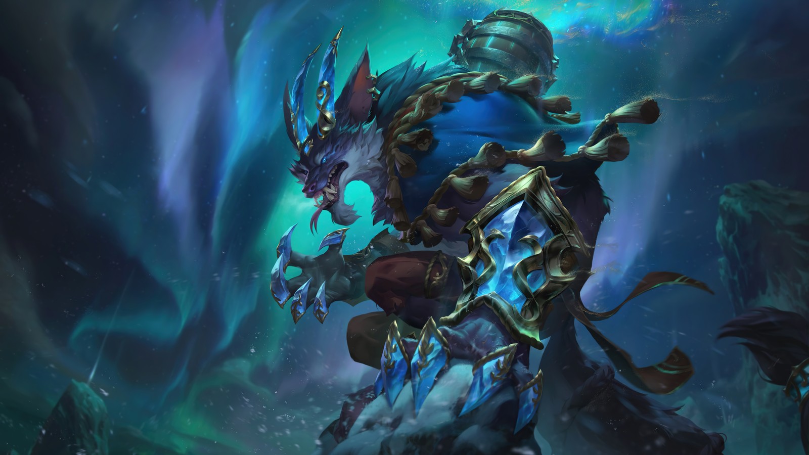 A man in armor holding a sword and a sword in his hand (winterblessed, warwick, lol, skin, splash art)