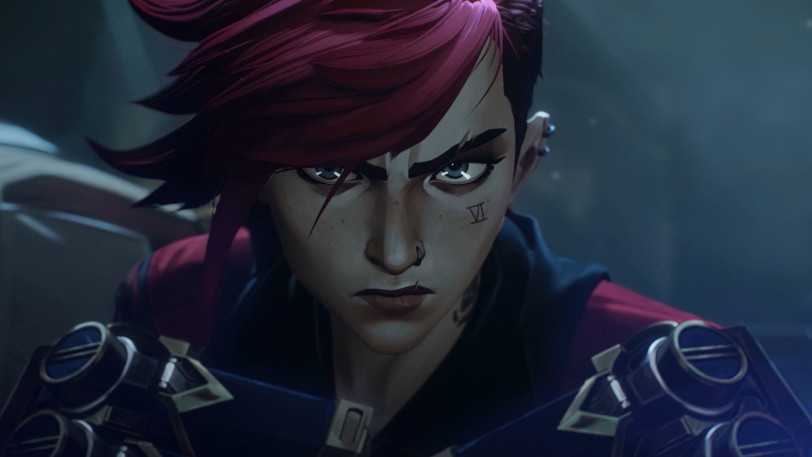 Close de uma pessoa com cabelo vermelho (vi, arcane series, netflix, série de televisão, league of legends)