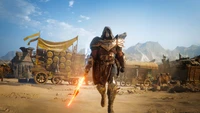 A hooded warrior wielding a glowing sword walks through a desert landscape, with ancient carts and mountains in the background.