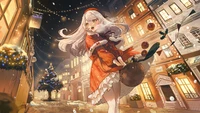 Fille anime festive dans une ville de Noël enneigée