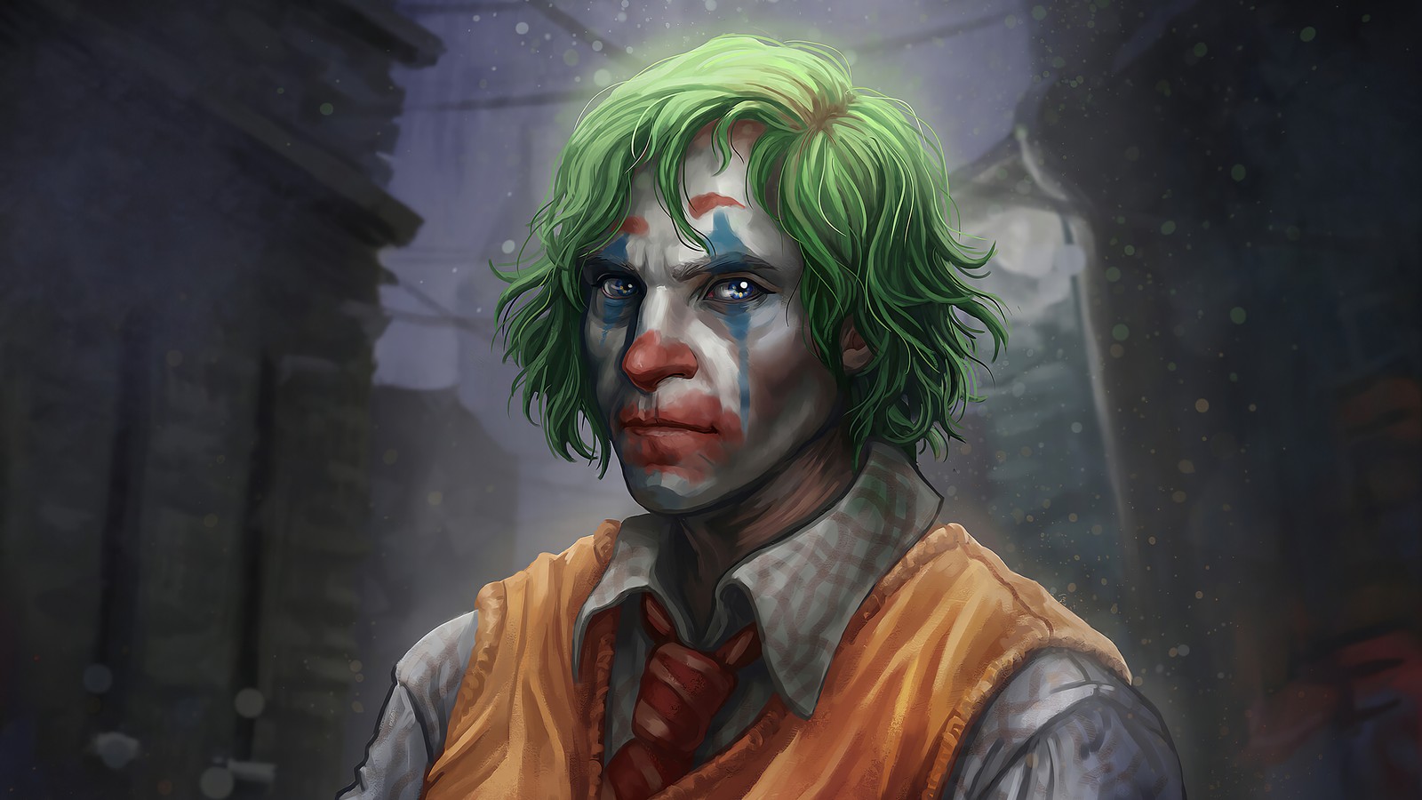 Un primer plano de una persona con cabello verde y maquillaje de payaso (joker, película, arte)