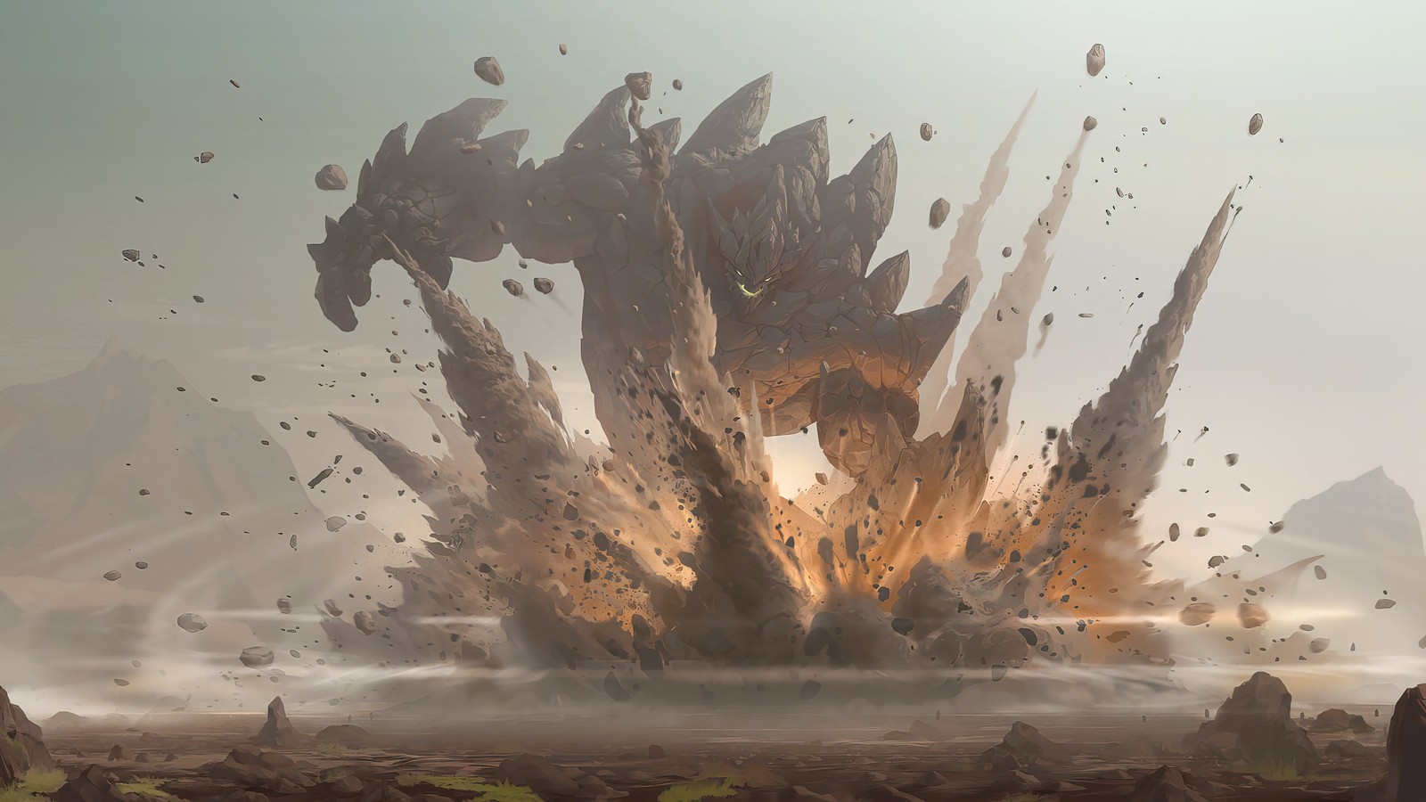 A close up of a giant monster attacking a man in a desert (malphite, lol, league of legends, legends of runeterra, lor)